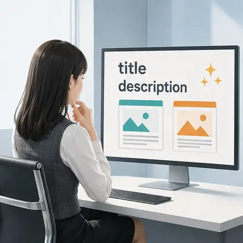 オフィスの女性がモニターに表示された「title」「description」のアイコンとキラキラマークを見つめる様子|title・description自動提案のイメージ