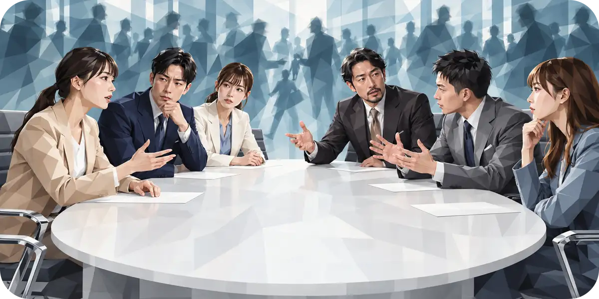 円卓を囲んだ6人のビジネスパーソンが、行き交う人々のシルエットを背景に、AIを悪用したサイバー攻撃への備えを話し合っている様子を描いたAIサイバー攻撃対策のメインビジュアル