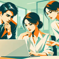 ノートパソコンの画面を3人のスタッフがのぞき込み、考え込んでいる様子のイラスト｜不正操作対策（CSRF・クリックジャッキング）のご案内