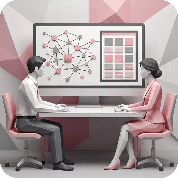 複数のAI検索環境を横断するAIO対策をチームで分析するイラスト