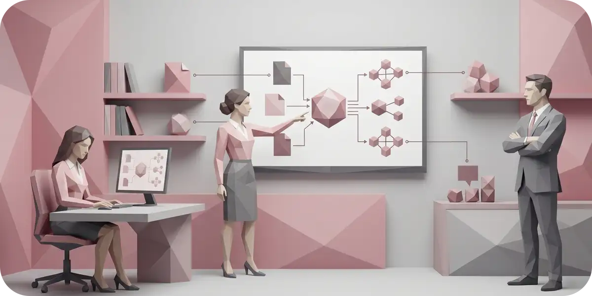 AI検索対策の全体戦略をチームで検討するオフィスシーンのイラスト