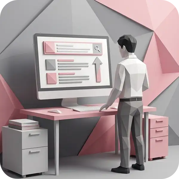 検索エンジン最適化（SEO対策）で上位表示を確認する担当者のイラスト