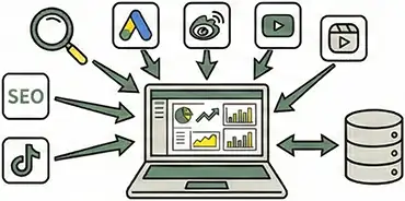 SEO・SNS・動画の流入を統合し成果まで追うマルチチャネル分析図
