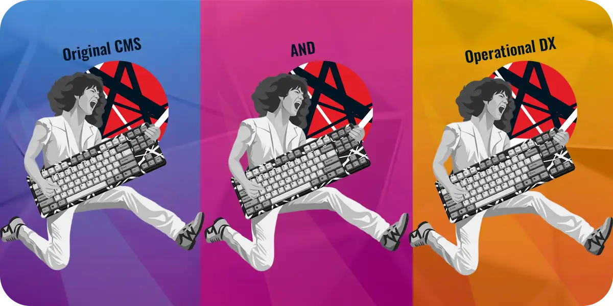 完全自社開発の『オリジナルCMS』と『運用DX』の融合を、キーボードを楽器のように演奏するロックスターのポップアート風イラストで表現したメインビジュアル（'Original CMS AND Operational DX'）