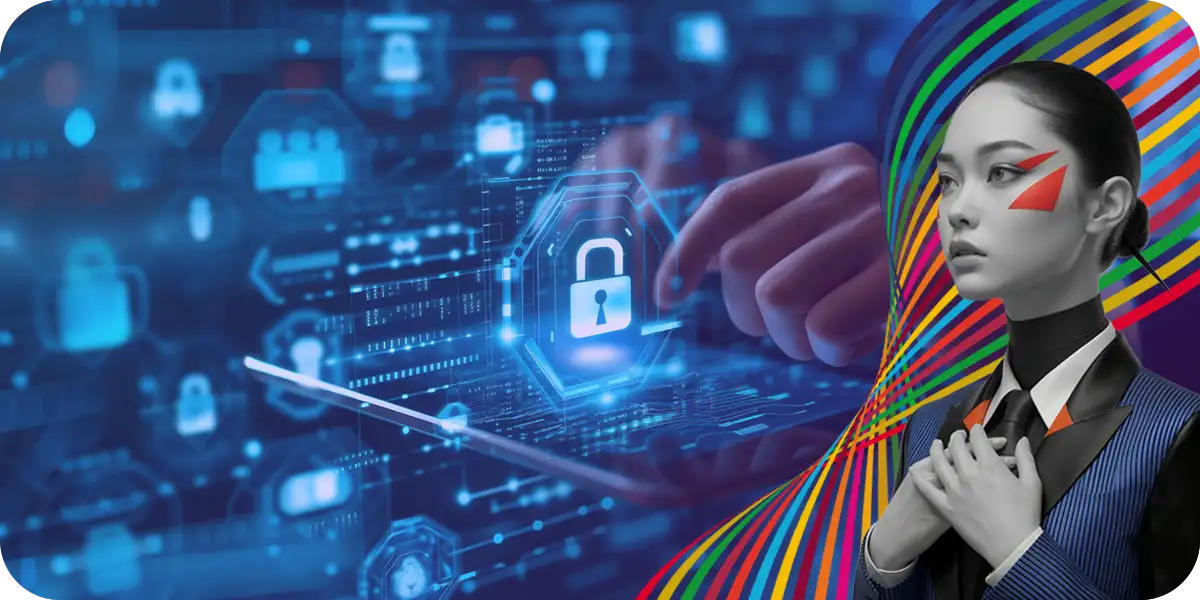 セキュアサーバー開発を象徴するイメージ画像。堅牢なサイバーセキュリティを表す青く光る南京錠のデジタルインターフェースと、先進的なスーツ姿の女性