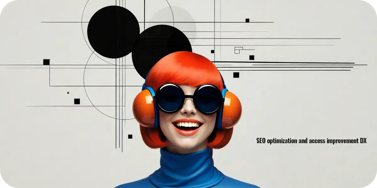『SEO optimization and access improvement DX』——抽象的な幾何学模様を背に、オレンジのボブヘアと近未来的なアイウェアを纏った女性が笑顔を向ける、AI時代の新しい検索体験を象徴するビジュアル