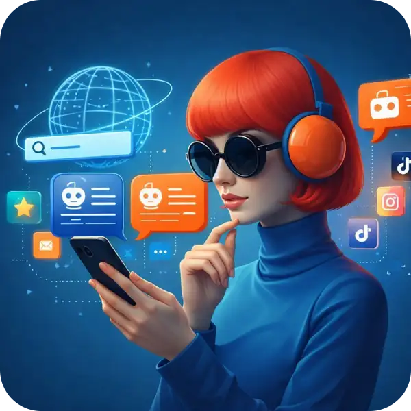 SNSや対話型AIなど、多様なプラットフォームで横断的に検索を行うユーザーのイメージ（Search Everywhere）