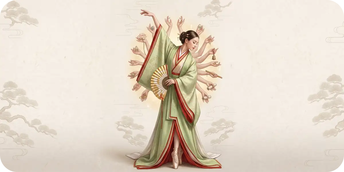 千手観音のように多くの手で扇・鈴・蓮などを操る緑の着物の女性のイラスト。分散していた多くの業務を一元管理する業務システム開発・業務プロセスDXのイメージ