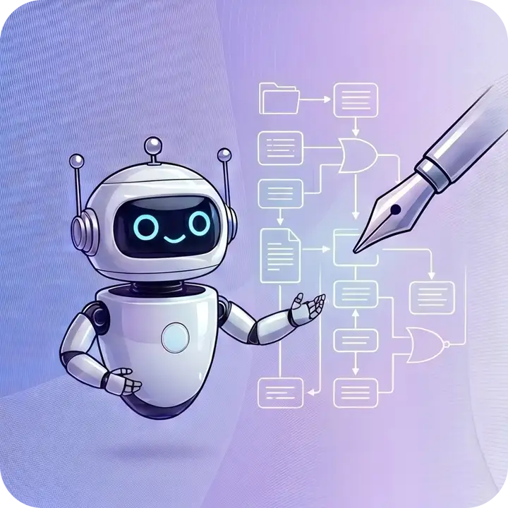 多言語対応のAI翻訳と人の校正を表現するロボットと多言語ネットワークのイラスト