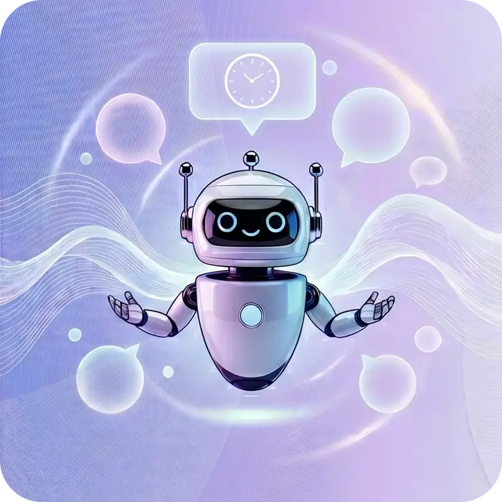 24時間自動応答するAIチャットボットを表現するロボットと吹き出しのイラスト
