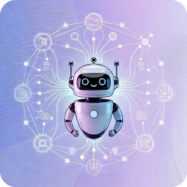 AIに引用される情報設計を表現するロボットとフローチャートのイラスト