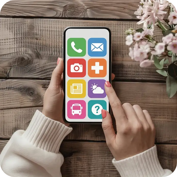 シニア世代でも押しやすい大きなアイコンが並ぶスマートフォン画面のイメージ