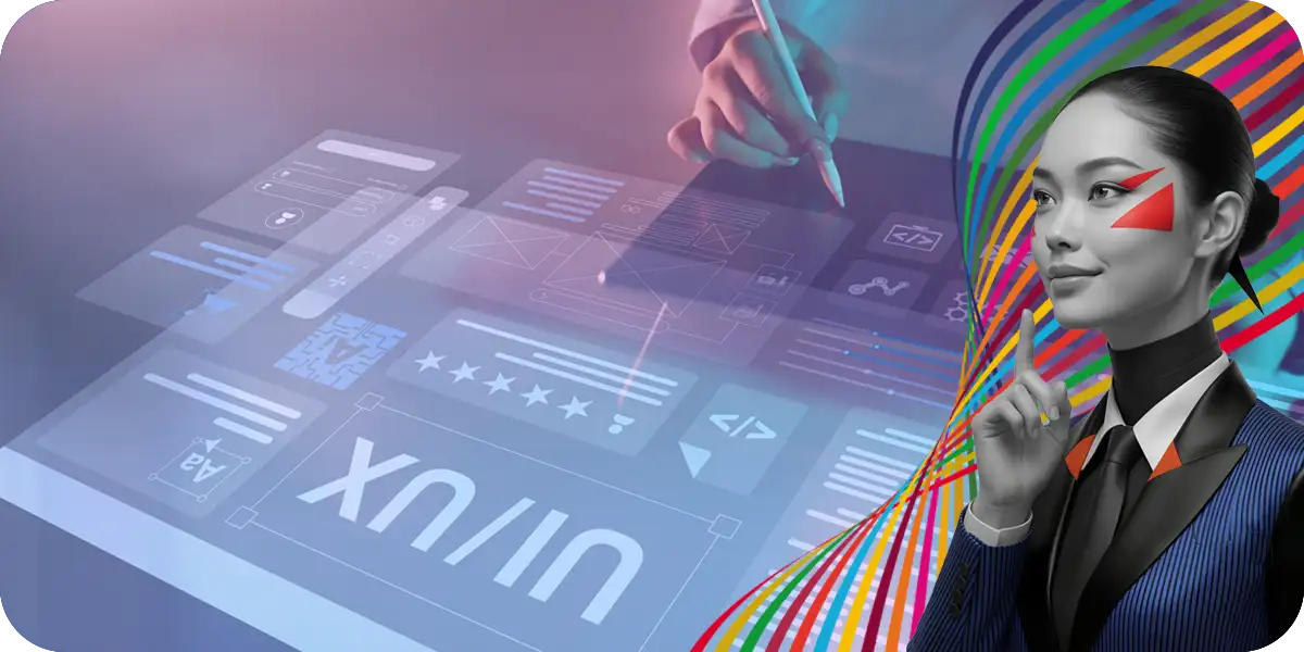 UI/UXのワイヤーフレームを空中に展開し、マルチデバイス最適化の設計を行うWebデザイナーのイメージ