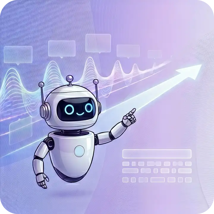 AIによる毎月のデータ分析と改善提案を表現するロボットとグラフのイラスト