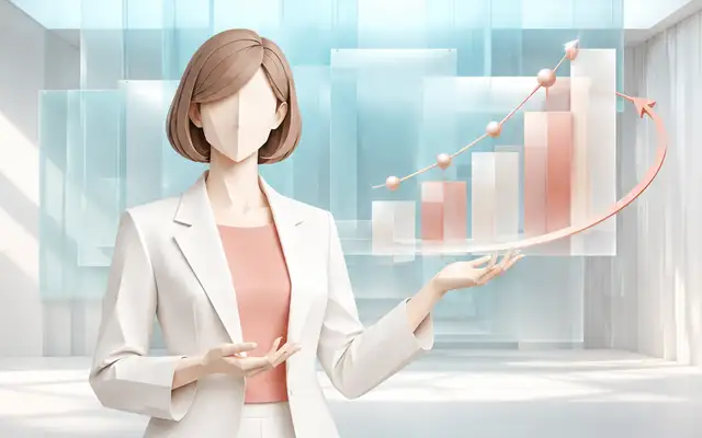 白いジャケットの女性が、右肩上がりの棒グラフと上昇する矢印を手で示すイラスト｜公開後のアクセス改善と成果の伸びのイメージ