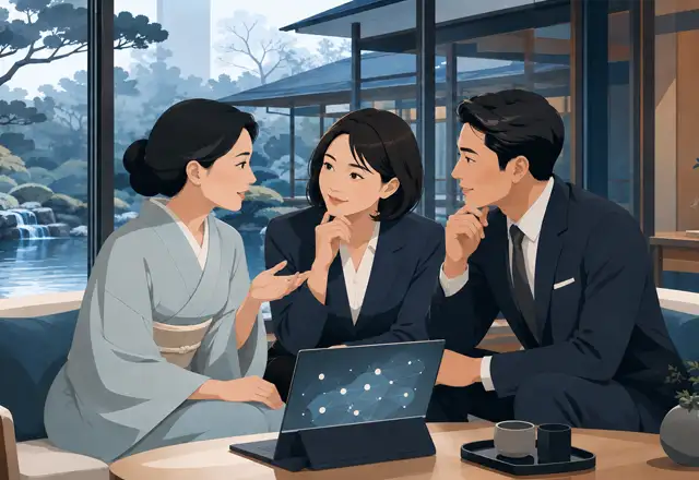 日本庭園を望むラウンジで、着物の女性とスーツ姿の女性・男性がタブレットを囲んで話し合うイラスト｜これから作るAI対応ホームページの相談のイメージ