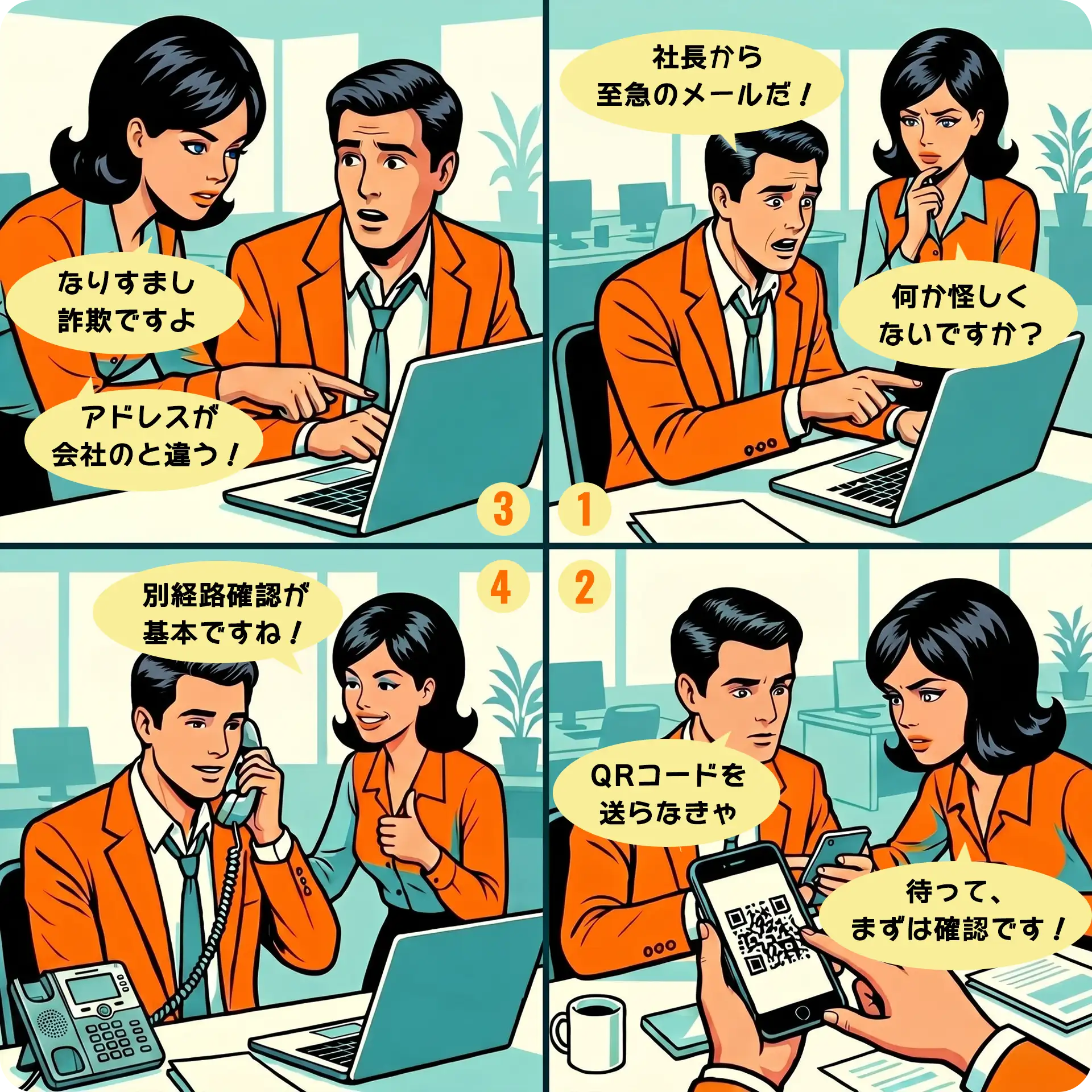 社長を装った詐欺メールを見抜く4コマ漫画｜①不審なメールに気づく ②QRコード送信を止める ③送信元アドレスの違いを発見 ④電話で本人に別経路確認