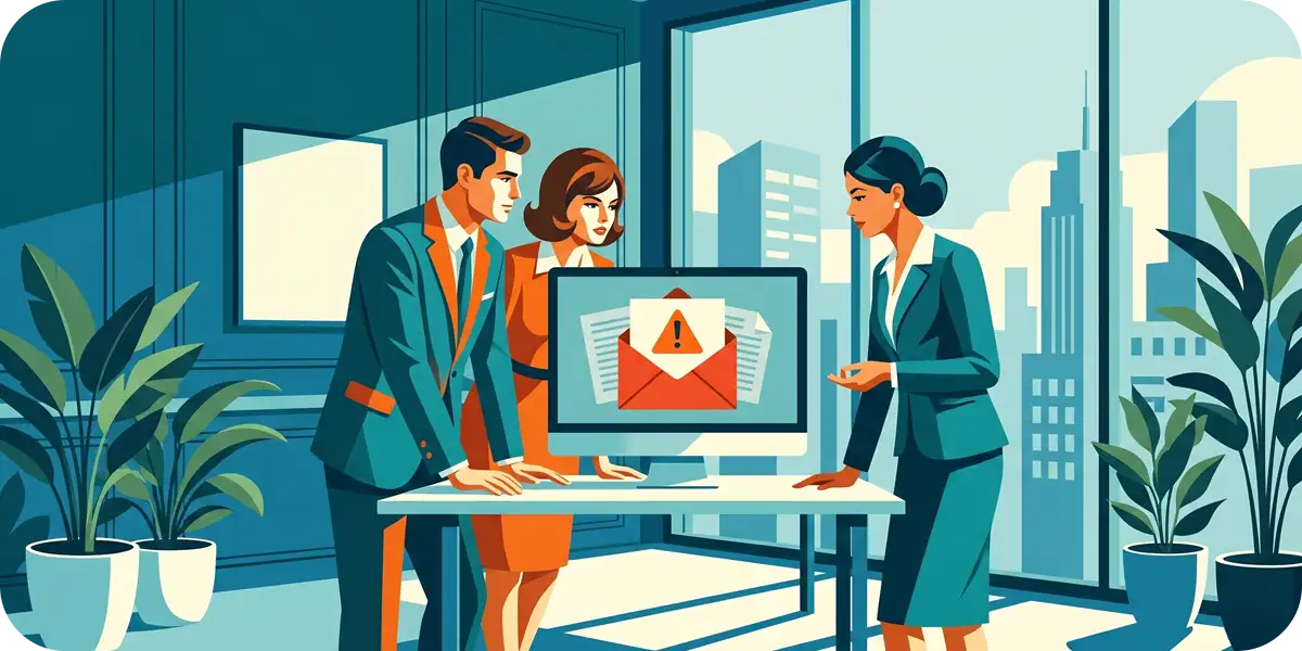 社長を装った不審メールを確認するビジネスパーソンたち｜ニセ社長詐欺（BEC）への警戒イメージ