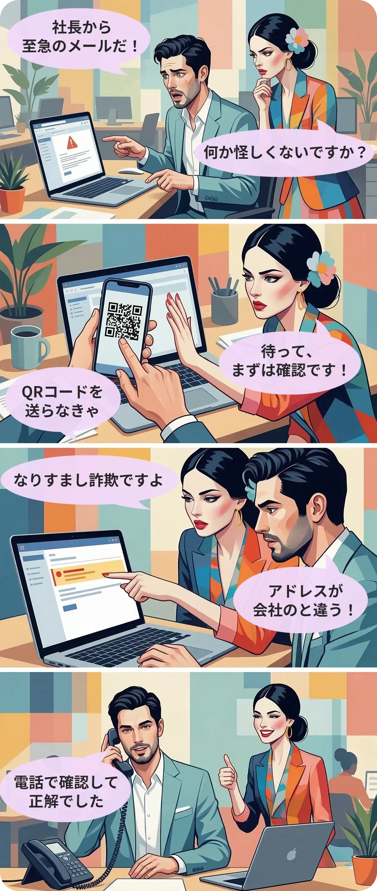 社長を騙るLINE誘導型フィッシングの手口と対策を描いた4コマ漫画