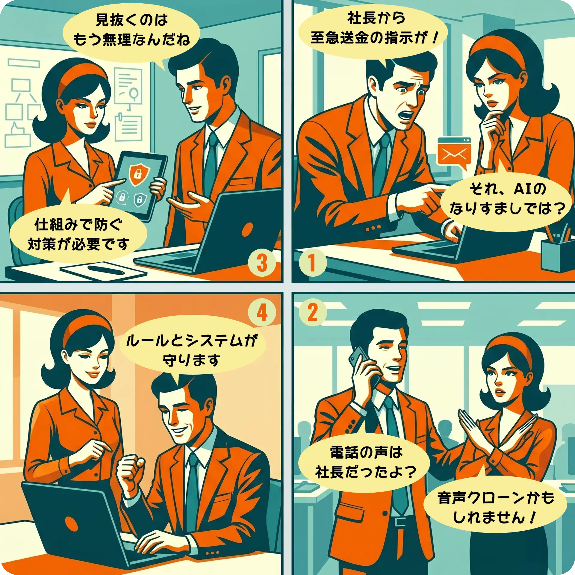 AIなりすまし(音声クローン・ディープフェイク等)の手口と、別ルートでの確認など仕組みで防ぐセキュリティ対策を解説した4コマ漫画