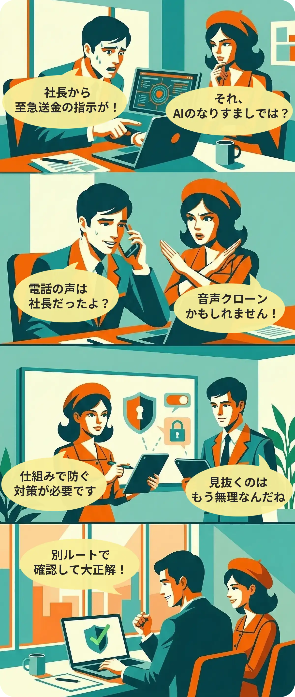 AIなりすまし（音声クローン等）の手口と、別ルートでの確認など仕組みで防ぐセキュリティ対策を解説した4コマ漫画