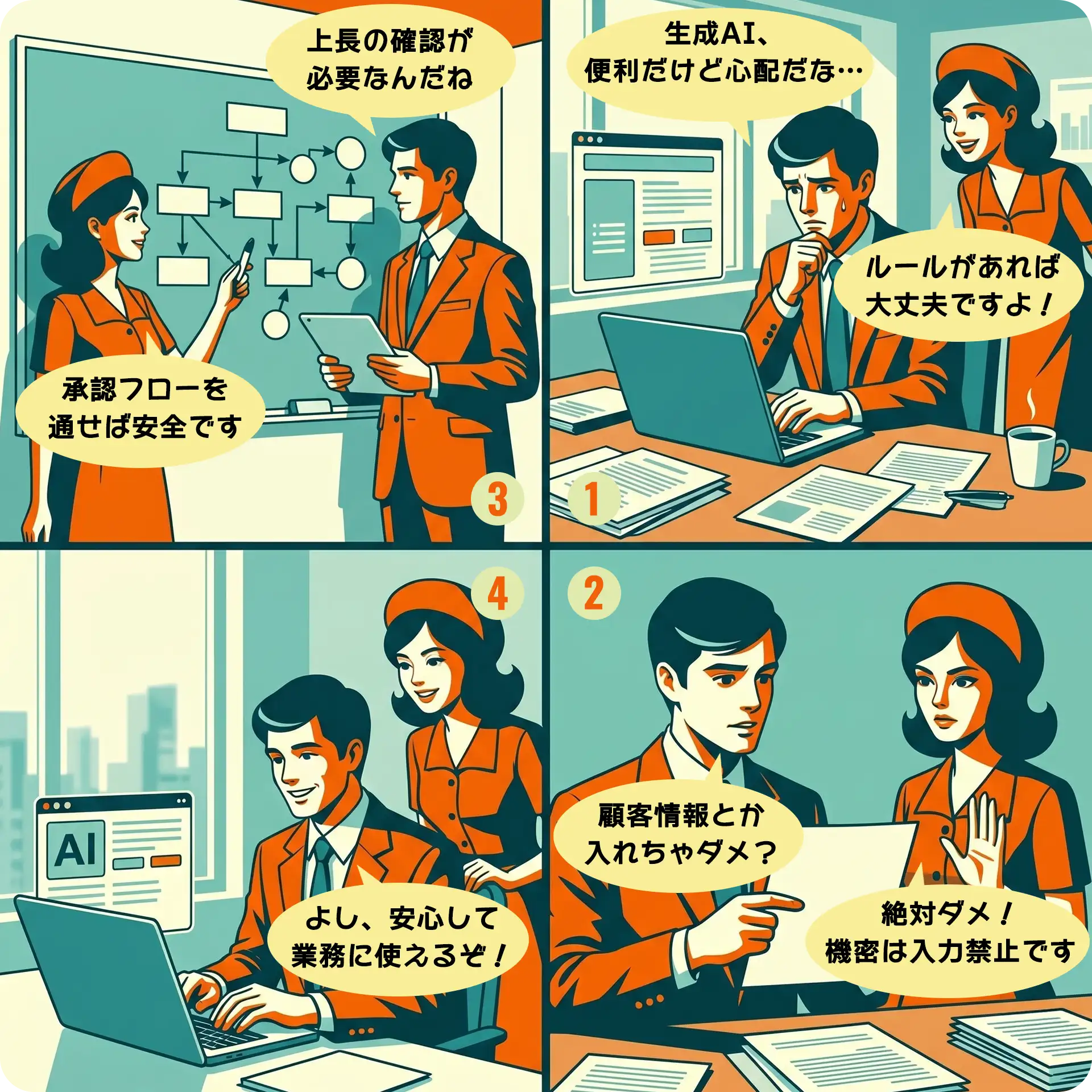 生成AIの安全な利用ルールを4コマで解説｜①生成AIは便利だけど心配 ②顧客情報など機密は入力禁止 ③承認フローを通せば安全 ④安心して業務に使える