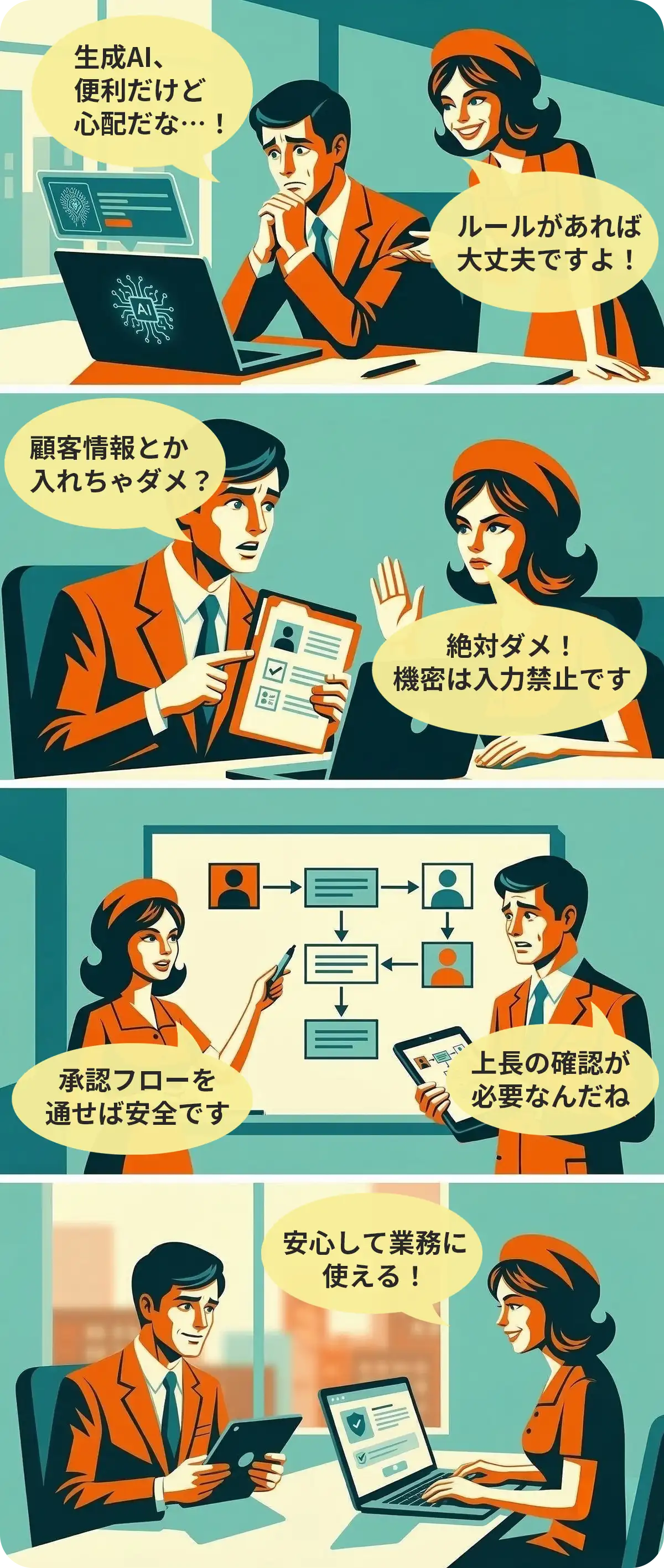 生成AIの安全な利用ルールと情報漏えい対策を解説する4コマ漫画