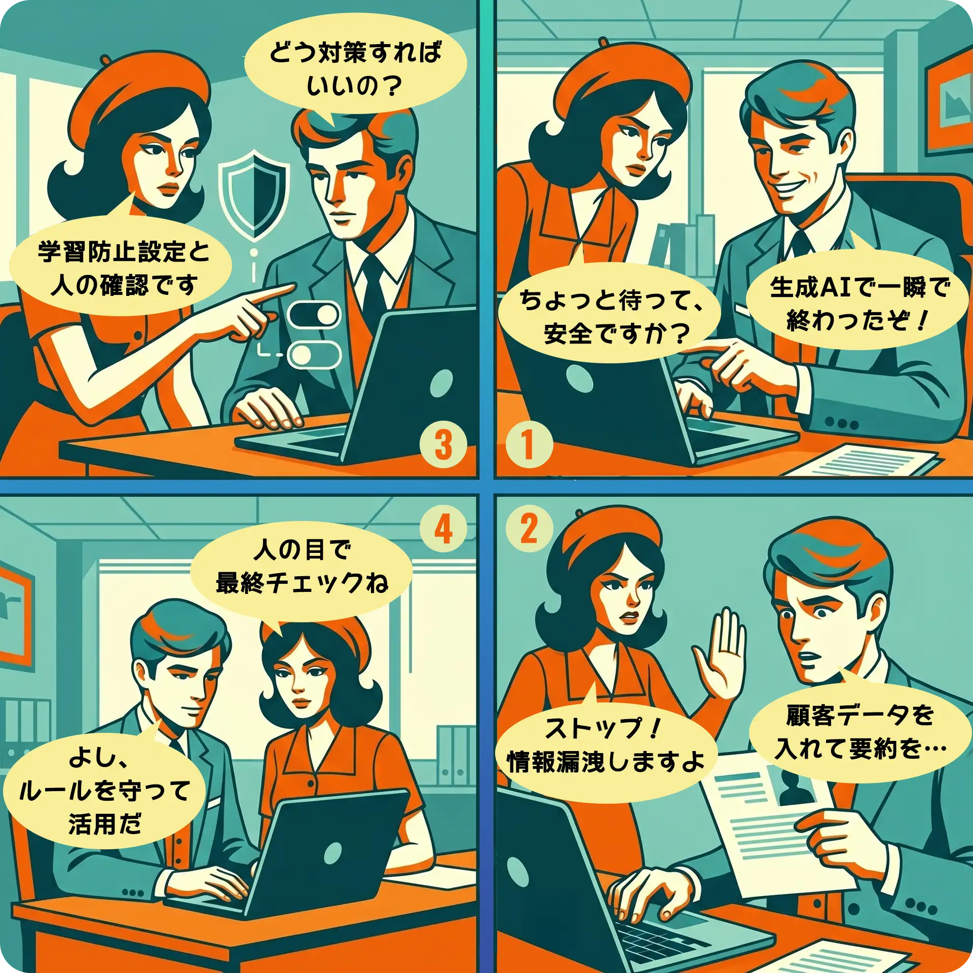 生成AIの業務利用におけるリスクと対策を描いた4コマ漫画｜①AIで作業が一瞬で終わったと喜ぶ男性に女性が安全性を確認 ②顧客データの入力を情報漏洩リスクとして女性が制止 ③学習防止設定と人による確認の重要性を女性が解説 ④ルールを守って安全にAIを活用する2人