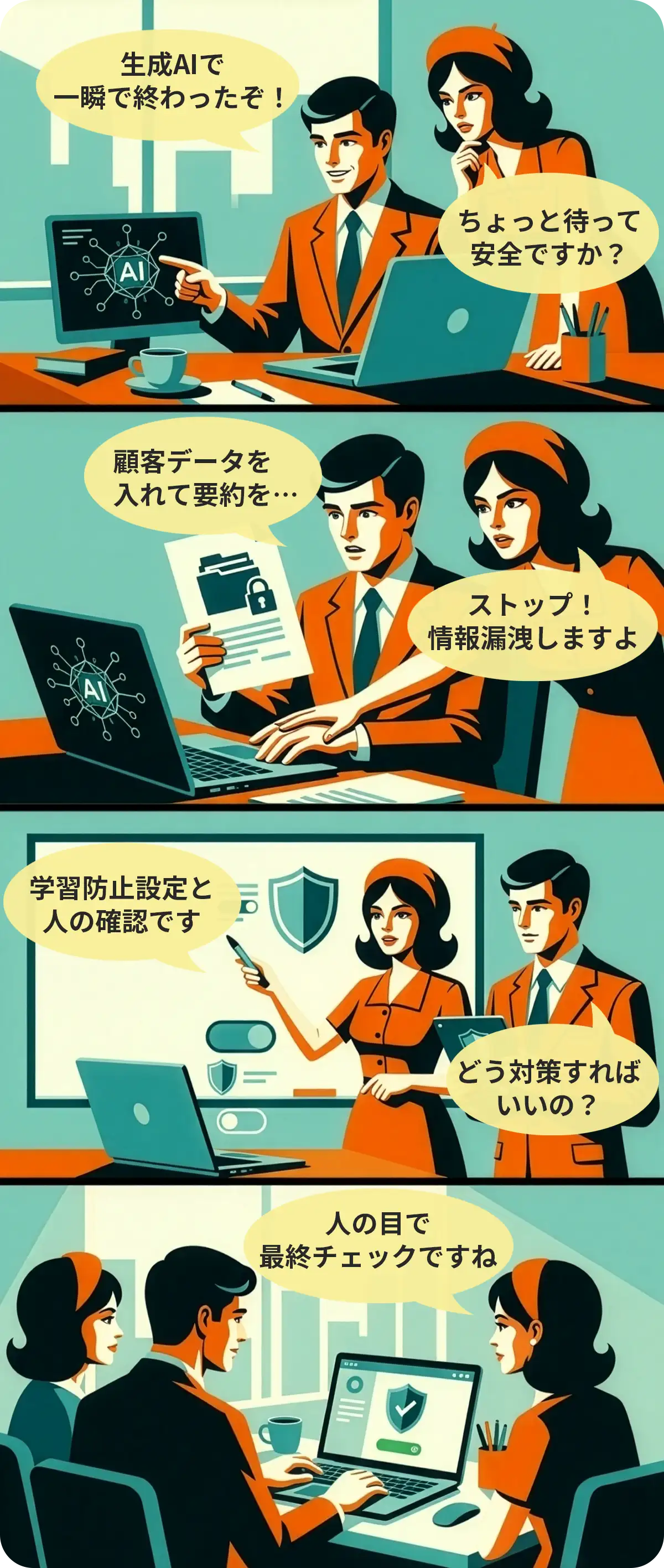 オフィスでのAI導入とセキュリティ対策を描いた4コマ漫画。