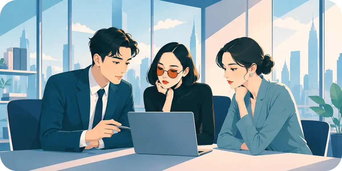 ノートパソコンを見ながらWebサイト制作について話し合う3人のビジネスパーソン