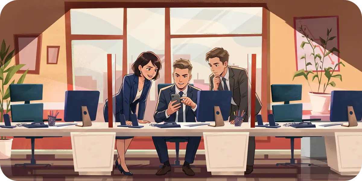 PayPay詐欺対策】オフィスでスマホの送金画面を指さし、真剣に手口を検証するビジネスパーソン3人。有限会社バンブーハウスによる注意喚起