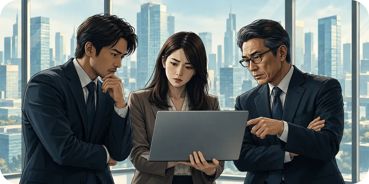 高層ビル街を望むオフィスで、ノートパソコンの画面をのぞき込む3人のビジネスパーソンのイラスト。眼鏡をかけた年配の男性が画面を指さし、ノートパソコンを持つ女性とあごに手を当てた若手の男性が、深刻な表情で自社の情報漏えいリスクを確認しているイメージ。