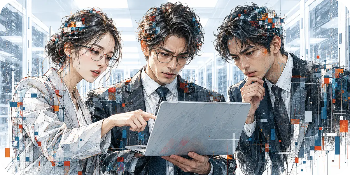 サーバーラックが並ぶデータセンターで、眼鏡をかけた女性がノートパソコンの画面を指さし、男性2人が真剣な表情で確認している、PHPの脆弱性への対応を話し合うイメージイラスト