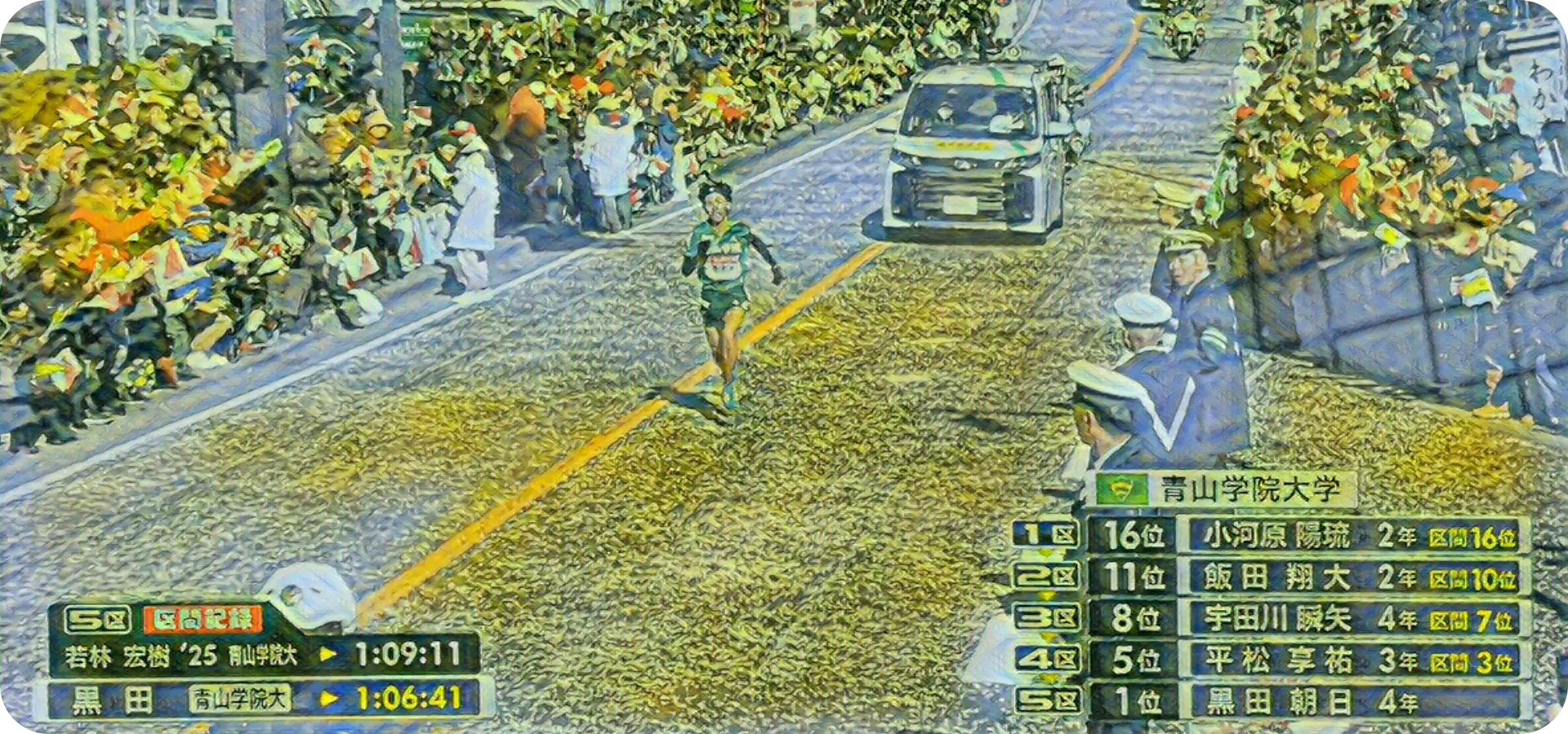 第102回箱根駅伝のテレビ中継を視聴しながらデータ分析を行う様子