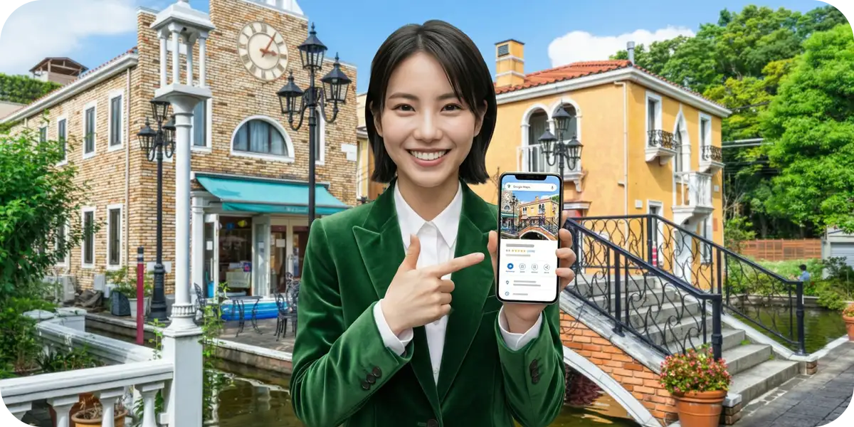 自由が丘を例に、AIに選ばれる地域情報の提示（スマートフォン画面）をデモンストレーションする女性