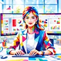 カラフルな配色でPC作業をする女性のイラスト｜AI検索対策（AEO/GEO）のイメージ