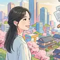 桜咲く街並みを眺める女性のイラスト｜ホームページ制作の費用・相場のご案内