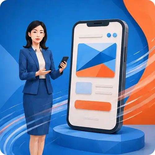 スマートフォン画面を示す女性のイラスト|スマホ最適化のイメージ