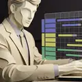データを見ながらPC作業する人物のイラスト｜ホームページ制作の流れのご案内