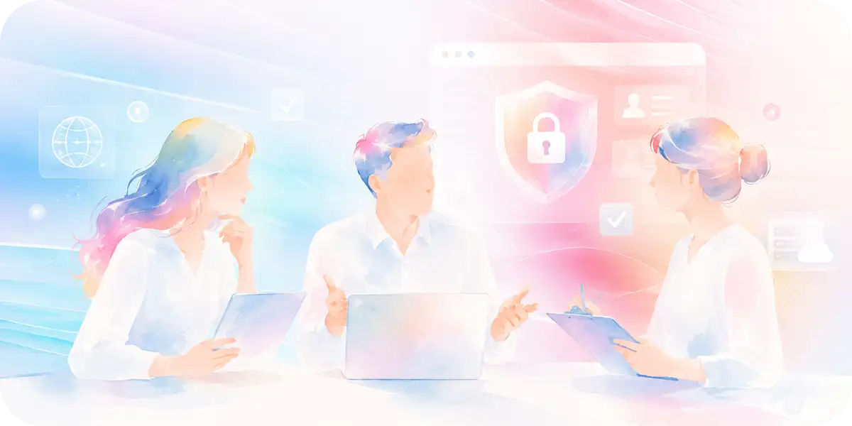 中小企業向けの安全なホームページ制作について相談するビジネスチームのイメージ（盾と鍵のセキュリティアイコン）
