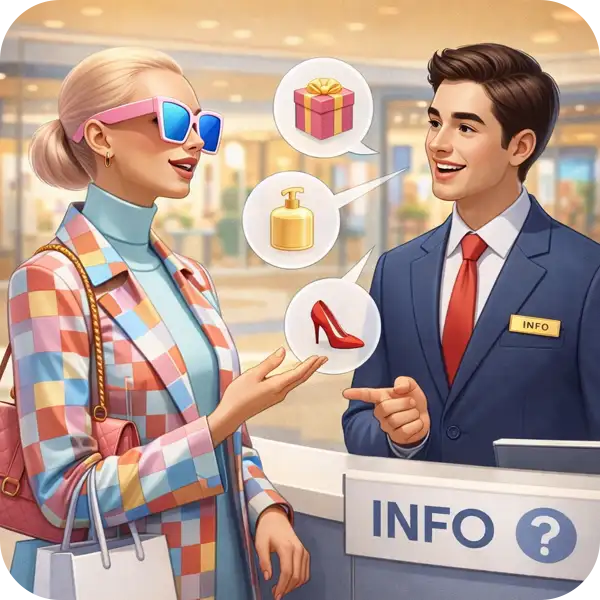 AEO/GEOのイメージ：インフォメーションカウンターのコンシェルジュにお勧めの店舗を相談し、提案を受けている様子