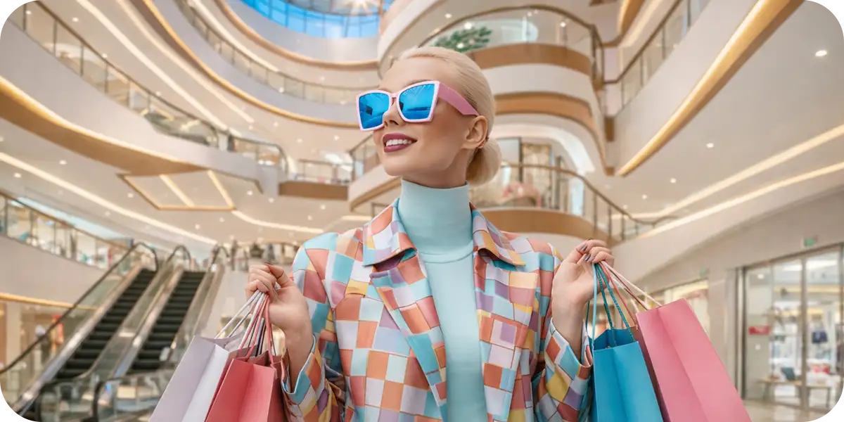 ショッピングモールで買い物を楽しむ女性（SEO・AEO・AIO・LLMOの違いを解説するイメージ）