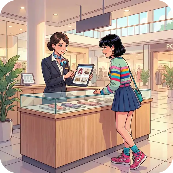 AEO/GEOのイメージ：インフォメーションカウンターのコンシェルジュにお勧めの店舗を相談し、提案を受けている様子