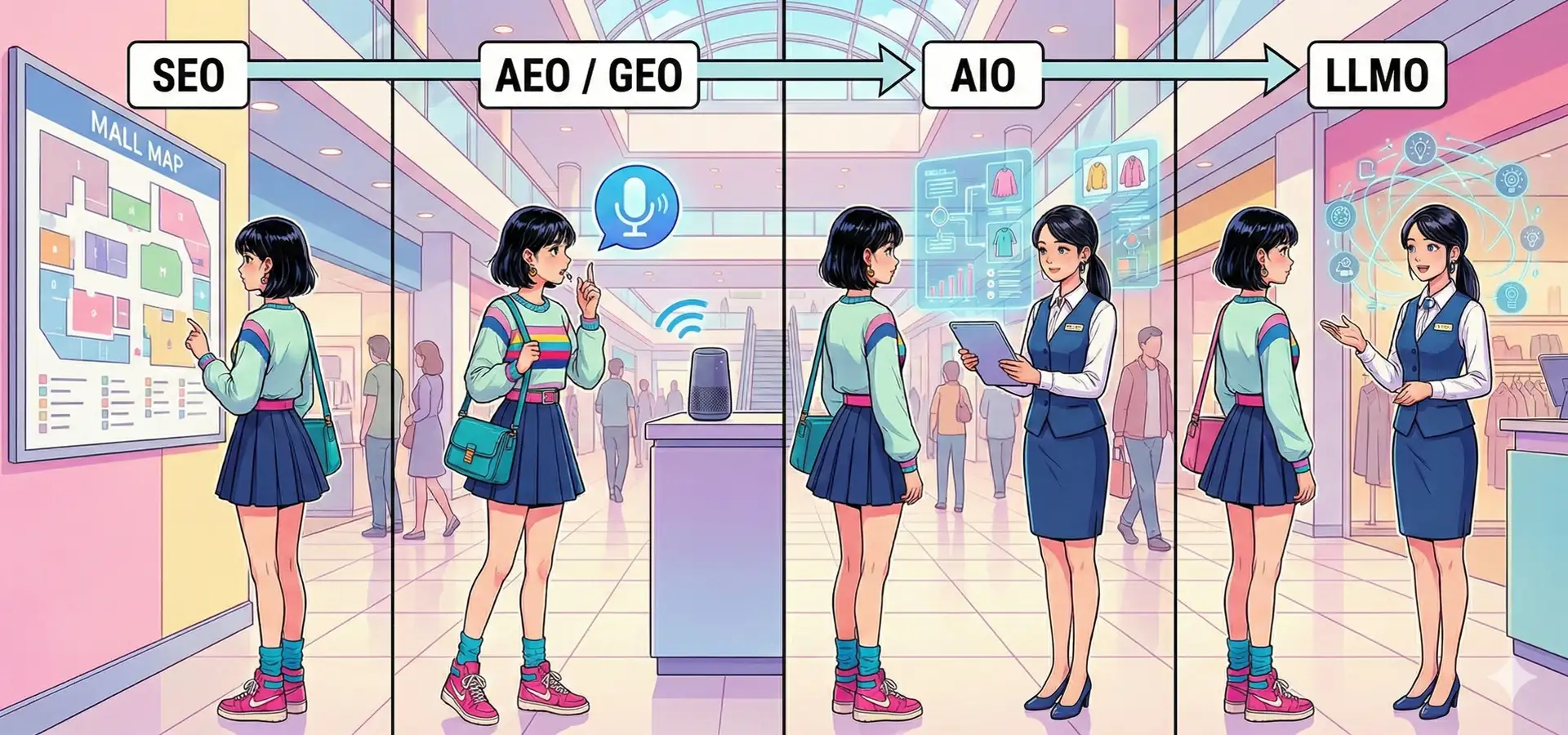 ショッピングモールでの顧客行動に例えた、SEO・AEO・AIO・LLMOという4つのWeb集客手法の進化と違いを表すイメージ図