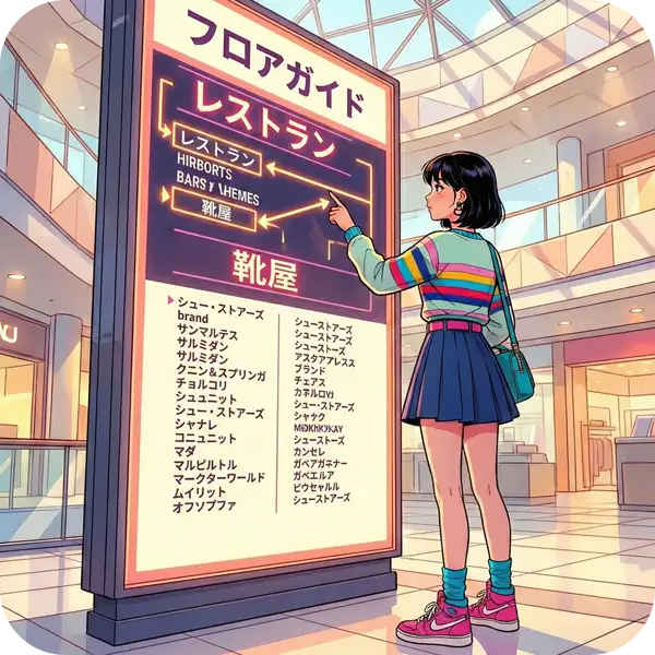 SEOのイメージ：ショッピングモールの入り口にあるフロアガイド（案内図）を見て、自分で行きたいお店を探しているお客様の様子