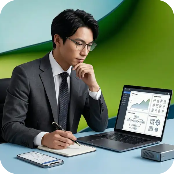 PCでアクセス解析データや構造化データの構成を確認しながら、ノートに施策を書き留める専門家