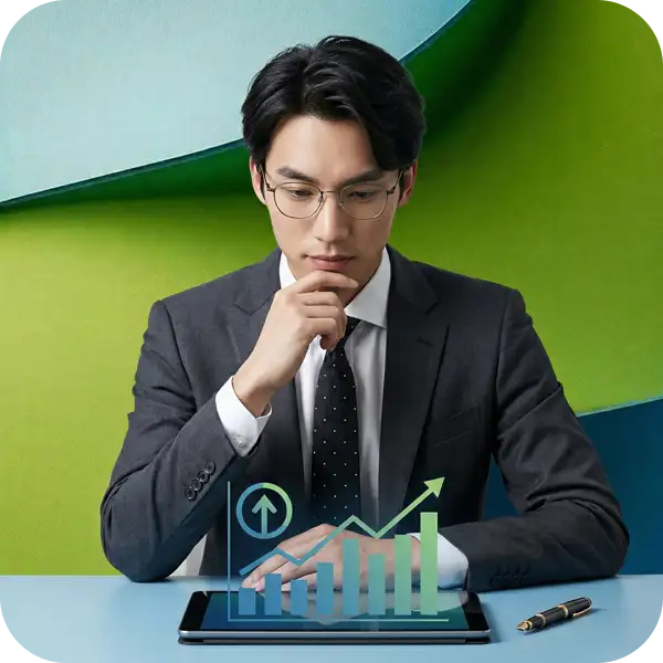 タブレットに表示された右肩上がりの成長グラフを見つめる、知的な雰囲気の男性プロフェッショナル