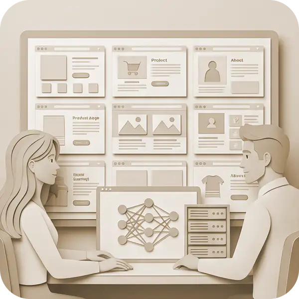 AI技術を活用して複数ページを構築・展開するスタッフのイラス