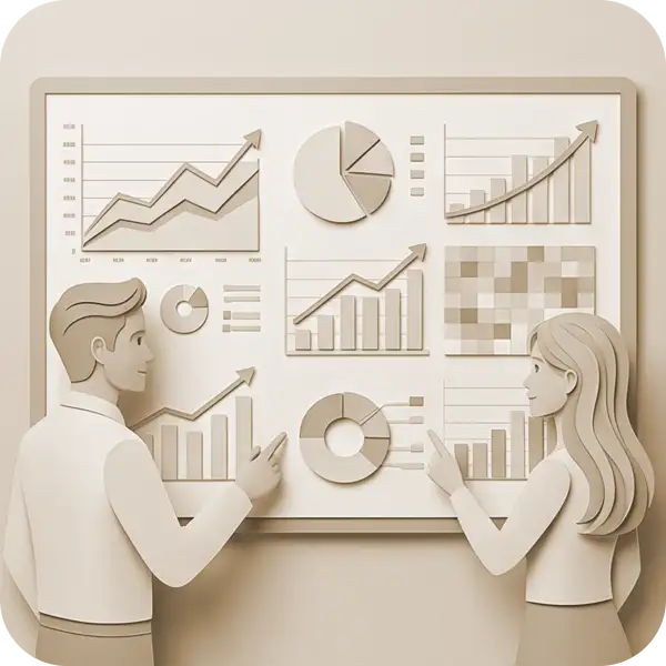 GA4などの解析データをグラフで確認・レポーティングするスタッフのイラスト