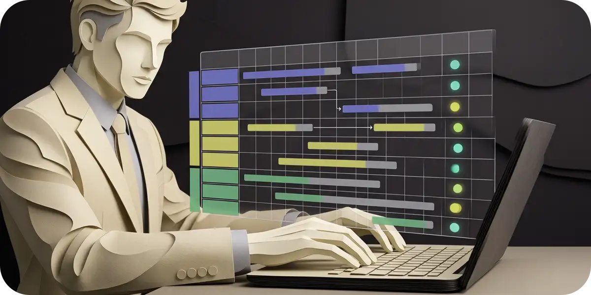 ホームページ制作の流れを管理するエンジニアと工程表のイメージ
